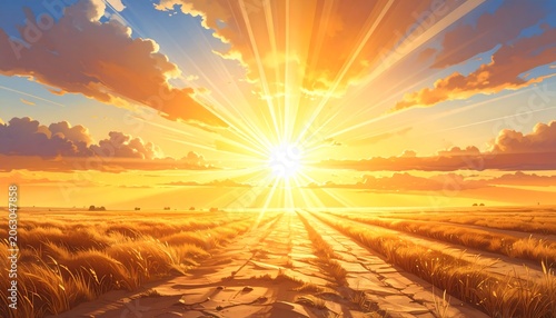 Golden Radiant Sunrise Over Wheat Field with Dramatic Clouds on Rural Horizon