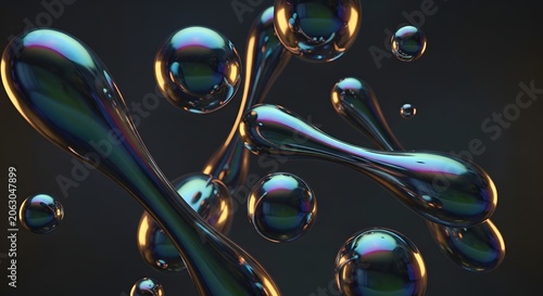 Abstract image of iridescent metallic liquid blobs and spheres floating in dark space.