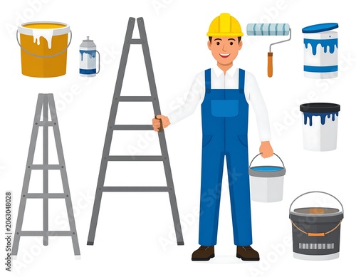 Smiling Construction Worker Holding Paint Bucket Beside Ladders and Painting Tools on White Background