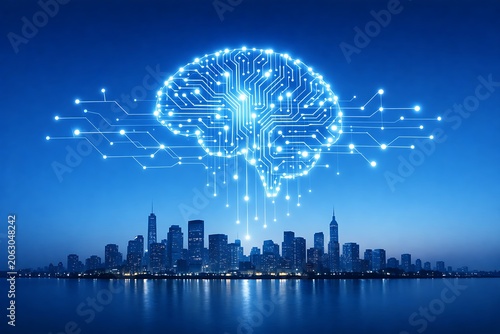 Generative AI Brain Over Smart City Skyline with Neural Network, Artificial Intelligence Innovation, Machine Learning, Big Data Analytics, Smart Infrastructure and Future Technology Concept