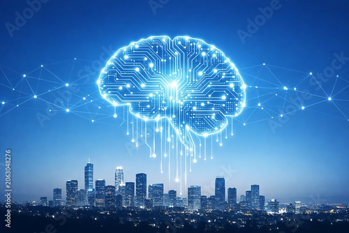Generative AI Brain Over Smart City Skyline with Neural Network, Artificial Intelligence Innovation, Machine Learning, Big Data Analytics, Smart Infrastructure and Future Technology Concept