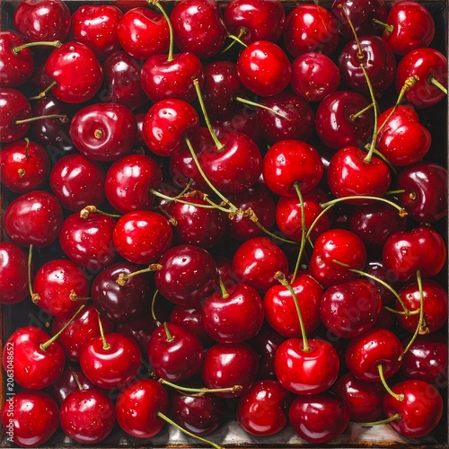 A vibrant close-up of numerous red cherries with green stems