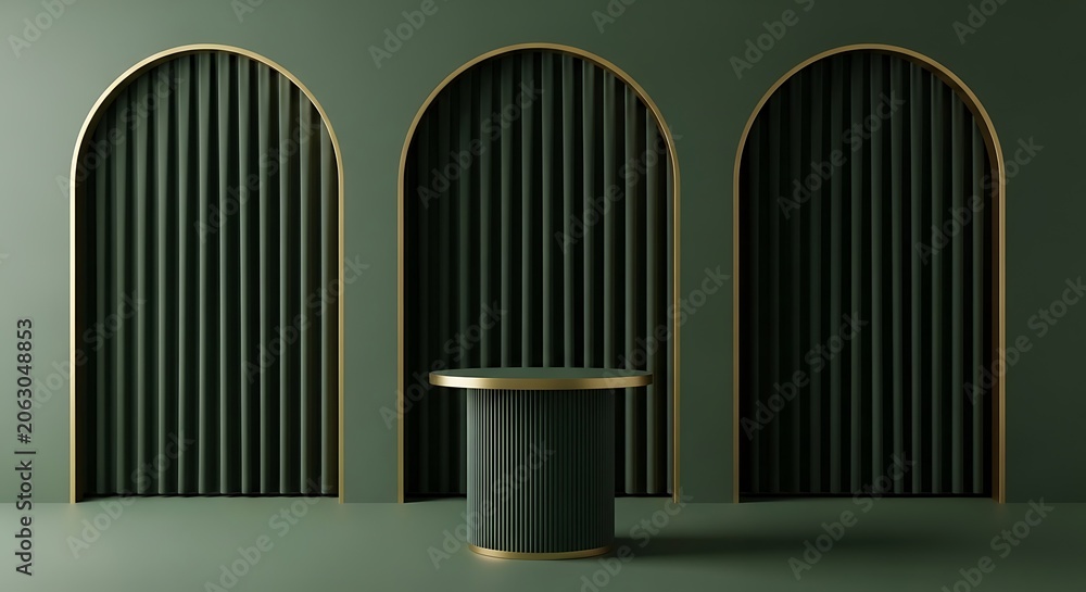 Fototapeta premium Elegant, minimalist studio design with dark green walls, arches, and a pedestal