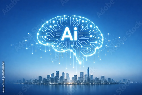 Generative AI Brain Over Smart City Skyline with Neural Network, Artificial Intelligence Innovation, Machine Learning, Big Data Analytics, Smart Infrastructure and Future Technology Concept