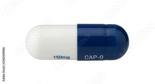 Photos Blue and white capsule with dosage and imprint details on it