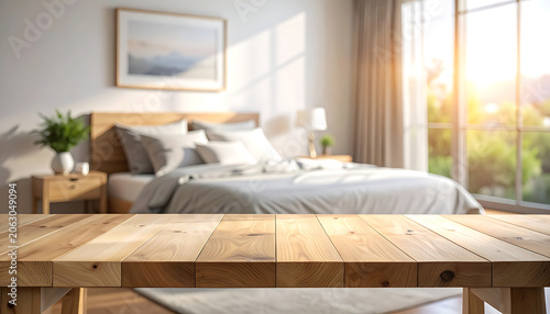 Rustic wooden table top with blurred cozy bedroom interior in background, morning sunshine, mockup display