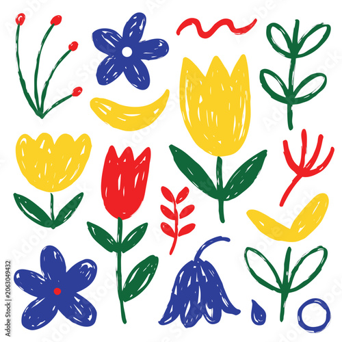 vector of hand drawn flowers, leaves and blooms in vibrant red, yellow, blue and green colors. Simple floral elements for pattern design, summer decoration or creative stationery.