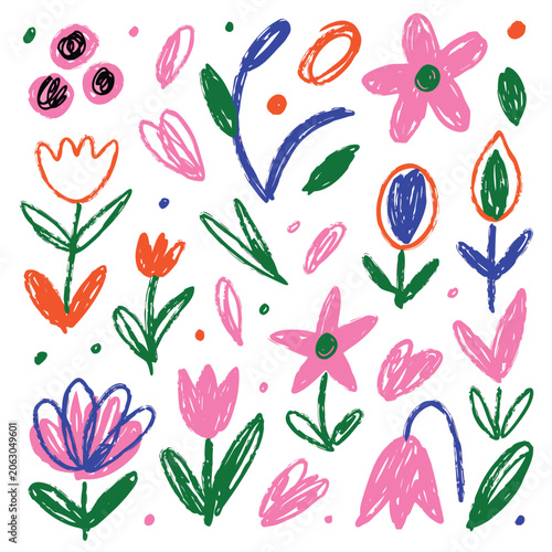 Botanical doodle set with hand drawn flowers, leaves and blooms in vibrant pink, orange, blue colors. Simple floral elements for pattern design, summer decoration or creative stationery.