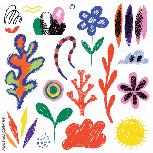 Botanical set with hand drawn flowers, leaves and blooms in vibrant pink, orange, blue and green colors.  floral elements for pattern design, summer decoration or creative stationery.