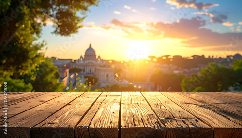 Rustic wooden tabletop with sunset city skyline view, golden hour lighting, travel and tourism background