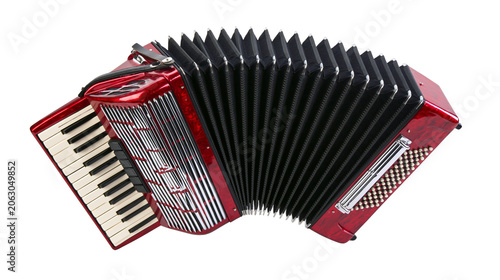 Photos Red accordion with black bellows and white keys