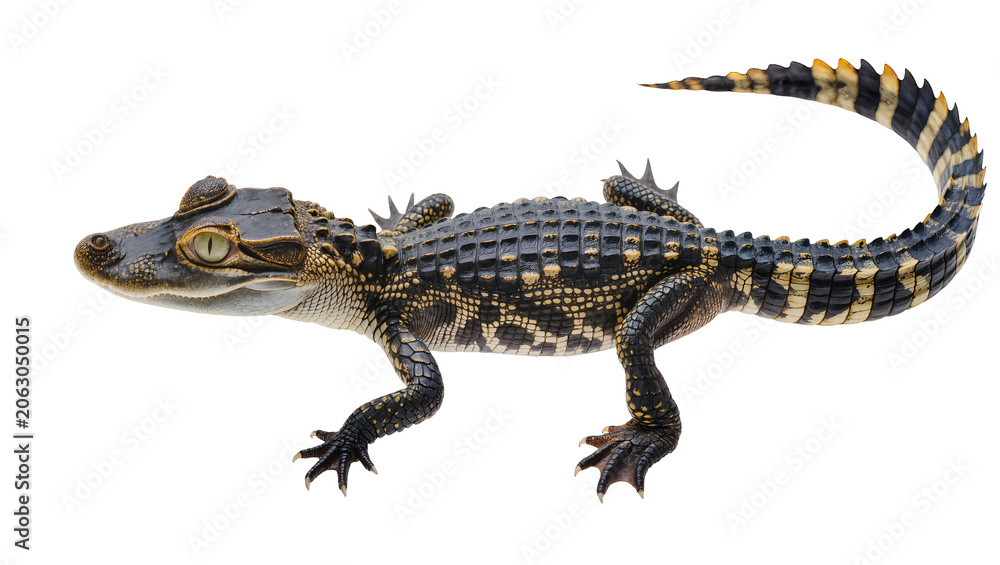 Naklejka premium Young caiman reptile with scaly skin and striped tail