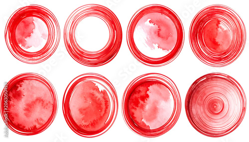 Set of eight hand drawn red watercolor circles with textured strokes and artistic wash