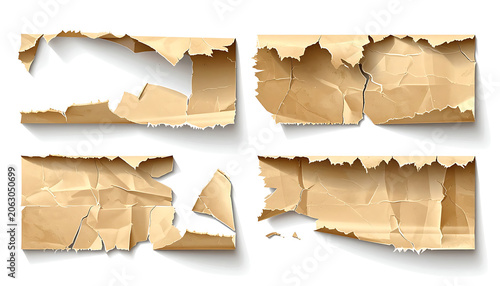 Set of four ripped cardboard strips with torn edges, distressed paper texture for scrapbooking, grunge labels, vintage packaging overlays