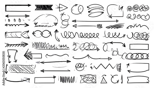 Set of hand-drawn arrow sketches, sketchy doodle pointer elements for note decoration and infographic markers