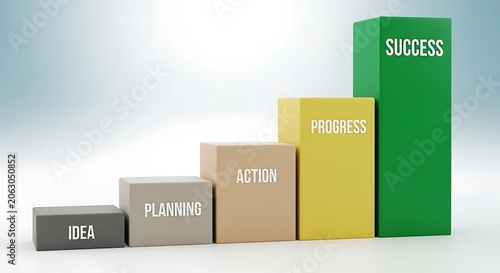 A 3D bar graph illustrating a progression from idea to success
