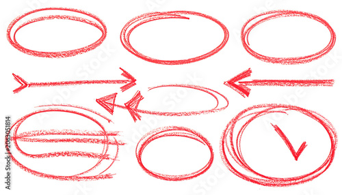 Set of hand-drawn red wax crayon circles, arrows and checkmark for document editing and emphasis