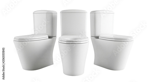 Photography Modern white ceramic toilet bowls with cisterns arranged in a row