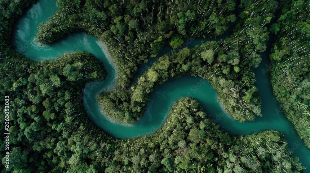 Obraz premium Aerial View of a Winding River Through a Lush Borneo Rainforest