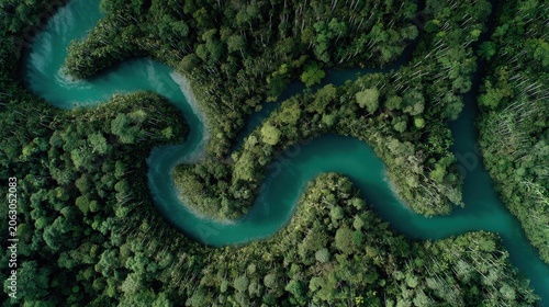 Aerial View of a Winding River Through a Lush Borneo Rainforest