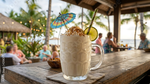 Frothy Tropical Cocktail in Oversized Glass Mug Garnished with Lime and Umbrella at Beach Bar