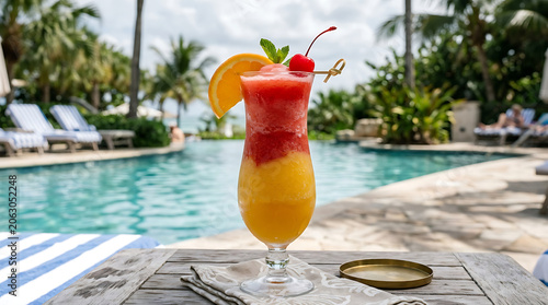 Layered Frozen Daiquiri Cocktail Garnished with Fruit and Mint by a Tropical Poolside