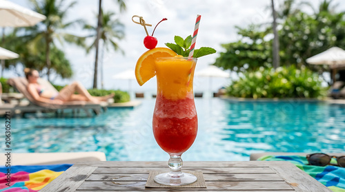 Layered Frozen Daiquiri Cocktail with Orange and Cherry Garnish Beside a Tropical Swimming Pool