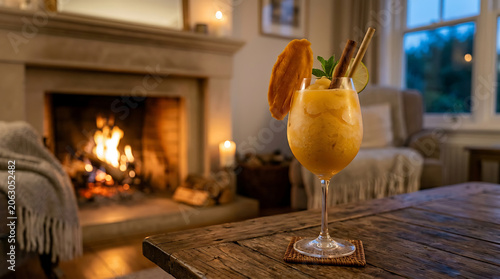Refreshing Mango Daiquiri Cocktail Served by a Cozy Fireplace