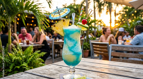 Vibrant Tropical Daiquiri Cocktail with Pineapple and Cherry Garnish at an Outdoor Evening Restaurant