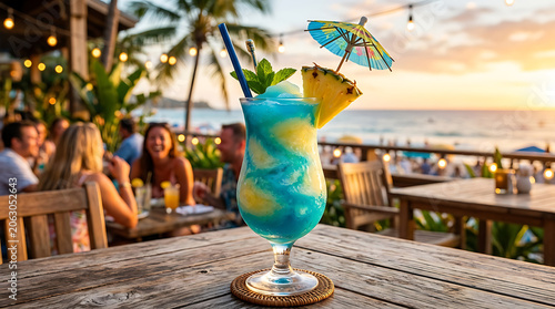 Vibrant Tropical Daiquiri Cocktail with Pineapple Garnish at a Beachside Resort During Sunset