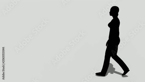 Silhouetted Woman Walking Forward in Profile, Creating a Shadow, Isolated on a Light Background