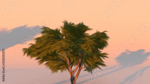 Solitary Tree Silhouette Against Golden Hour Sky with Moving Shadows and Gentle Wind Motion