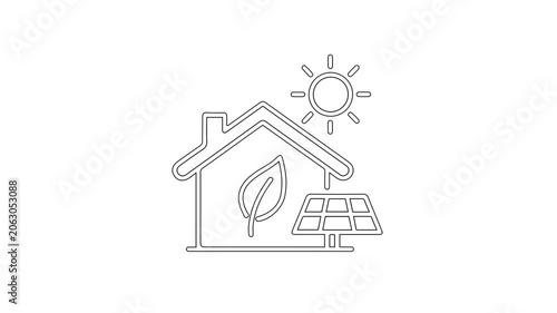 Sustainable house with solar energy and leaf symbol representing ecofriendly living and renewable power generation.