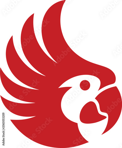 Stylized red and white parrot head graphic for logo or branding element