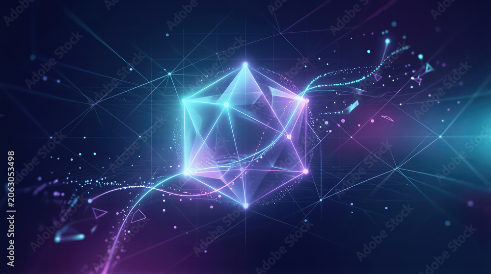Fototapeta premium Abstract crystal geometric shape with glowing light lines and dots. Futuristic digital technology background. Innovation, networking, data science and internet connection concept graphic.