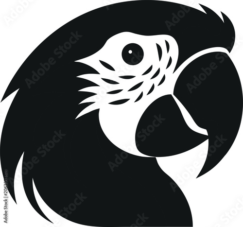 Minimalist black and white macaw parrot head graphic icon with wildlife