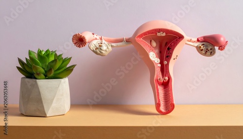 Female Reproductive System Model with Green Succulent Plant