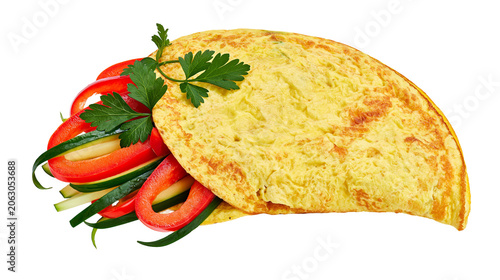 фотографія Folded omelet with red bell pepper cucumber, and parsley garnish