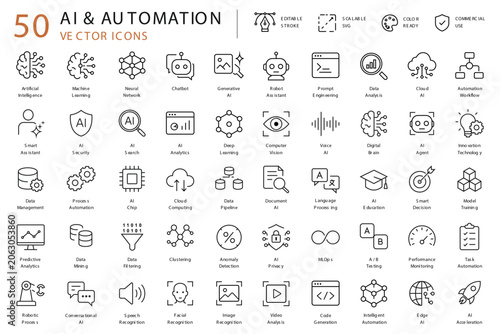 50 AI and Automation Line Icons Set – Artificial Intelligence, Machine Learning, Robotics, Data Analytics, Chatbot, Cloud Computing, Business Automation and Digital Transformation Vector Collection