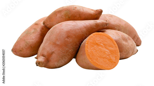 Obraz na płótnie Orange sweet potatoes, one cut in half showing flesh