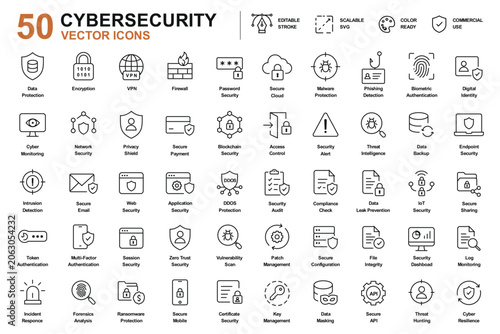 50 Cybersecurity Line Icons Set – Data Protection, Network Security, Encryption, Firewall, Secure Login, Privacy, Cloud Security, Cyber Defense and Information Security Vector Collection