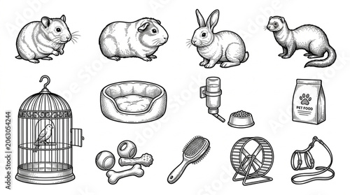 Collection of Hand Drawn Small Pet Animals and Accessories.