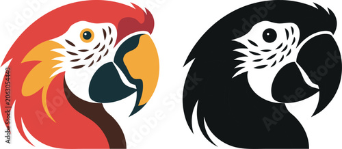 Comparison of colorful and black monochrome macaw parrot icons with comparison