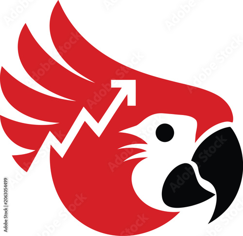 Red parrot head logo with upward financial growth arrow financial business
