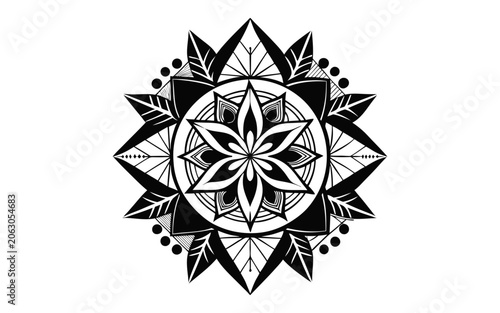 Fényképezés Bold black and white geometric mandala with leaf elements, sharp star symmetrica