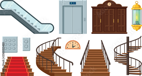 Staircase and Elevator Collection with Escalator, Spiral Stairs, Wardrobe, Clock and Lantern Flat Vector Illustration Set