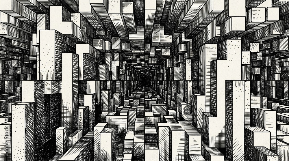 Naklejka premium Abstract 3D Geometric Tunnel Background with Monochrome Sketch Texture, Rectangular Blocks in Perspective