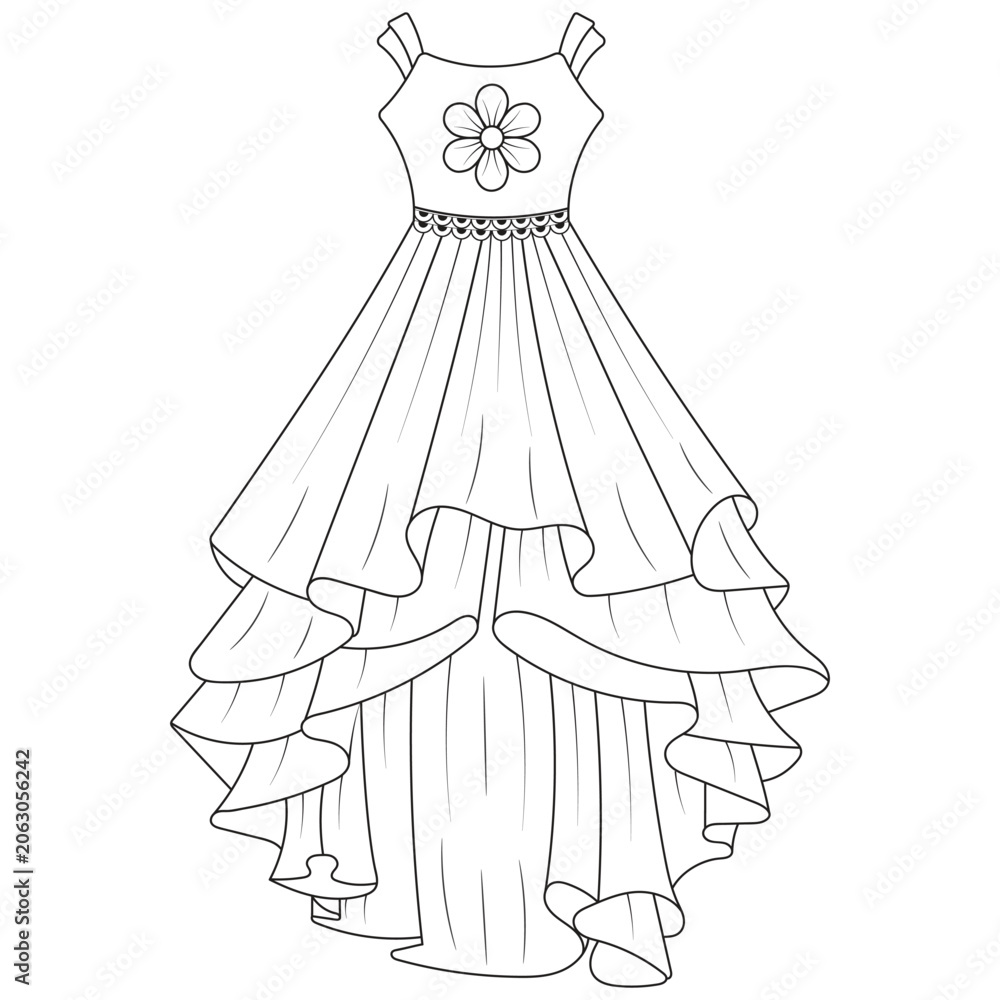 Fototapeta premium Collection of women's clothing technical sketches showing various styles black and white line art illustration for fashion design. Elegant woman, fashion illustration, line art, puffy sleeve dress, 