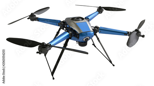 Fotografi Blue and silver quadcopter drone with camera and propellers