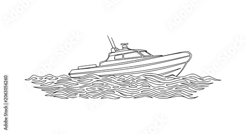 Foto Speedboat cutting through choppy water, minimalist line art illustration